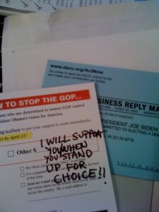 Fundraising Letter with I will support you when you stand up for choice written over it!